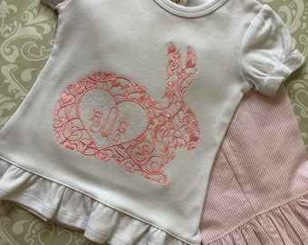 Monogram bunny Easter outfit for girls, pink rabbit monogram tee, pink ruffle pants, monogram toddler girl Easter set, floral bunny monogram