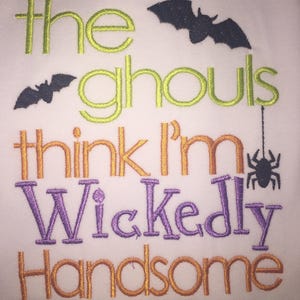 The ghouls think I'm wickedly handsome boys Halloween raglan tee shirt, boy Halloween shirt, Halloween raglans for toddler boys, halloween t image 3