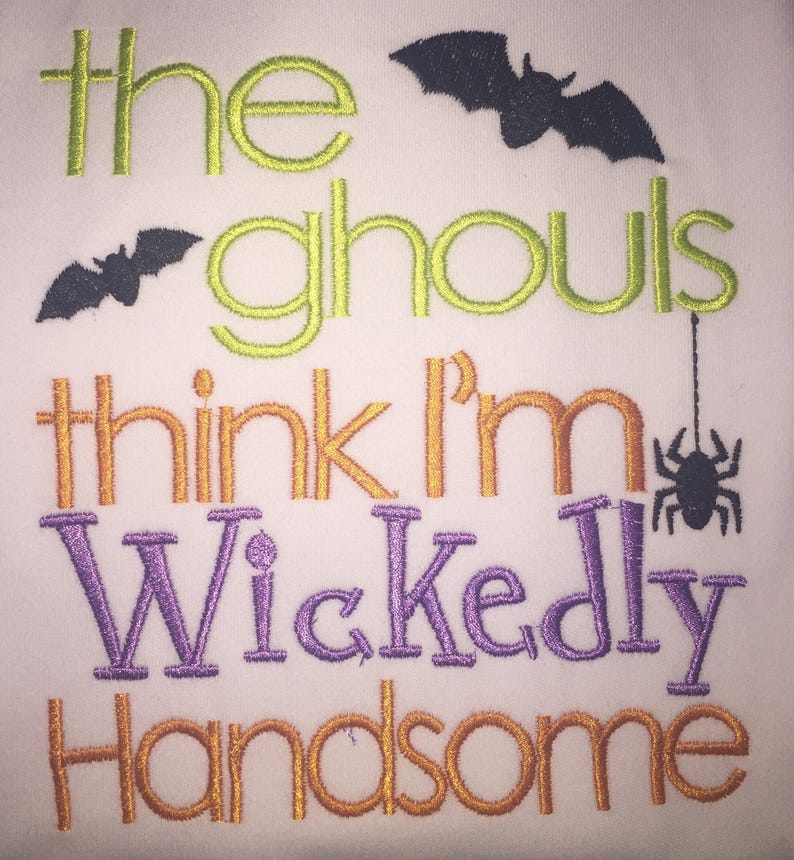 The ghouls think I'm wickedly handsome boys Halloween raglan tee shirt, boy Halloween shirt, Halloween raglans for toddler boys, halloween t image 3