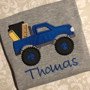 Boys back to school monster truck applique monogrammed shirt,school truck shirt,boys back to school apparel, boy back to school applique tee