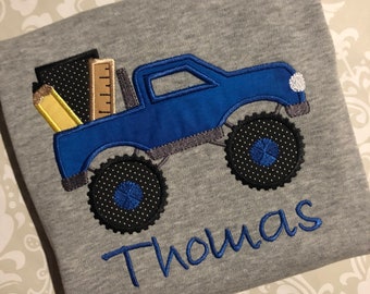 Boys back to school monster truck applique monogrammed shirt,school truck shirt,boys back to school apparel, boy back to school applique tee