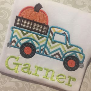 Pumpkin in truck boys fall applique monogramed tee shirt, boys fall tee shirts, toddler fall monogram shirt, old truck with pumkin applique