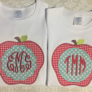 Boy girl back to school apple applique monogrammed shirt, twin biy girl school tee shirts,monogram school apparel,boy or girl apple monogram