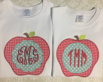 Boy girl back to school apple applique monogrammed shirt, twin biy girl school tee shirts,monogram school apparel,boy or girl apple monogram