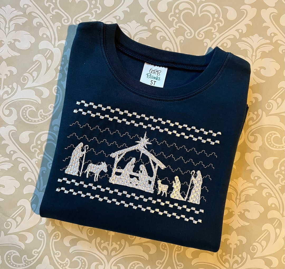 Boys Navy Blue Nativity Tee, Boys Faux Smocked Christmas Tee Shirt