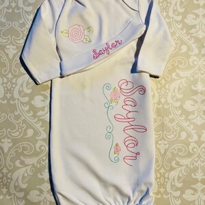 Baby girl gown hat layette set, vintage stitch monogram infant gown, baby girl shower gift, baby girls coming home outfit, personalized gown