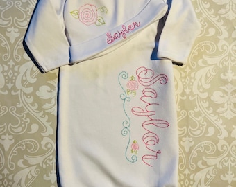 Baby girl gown hat layette set, vintage stitch monogram infant gown, baby girl shower gift, baby girls coming home outfit, personalized gown