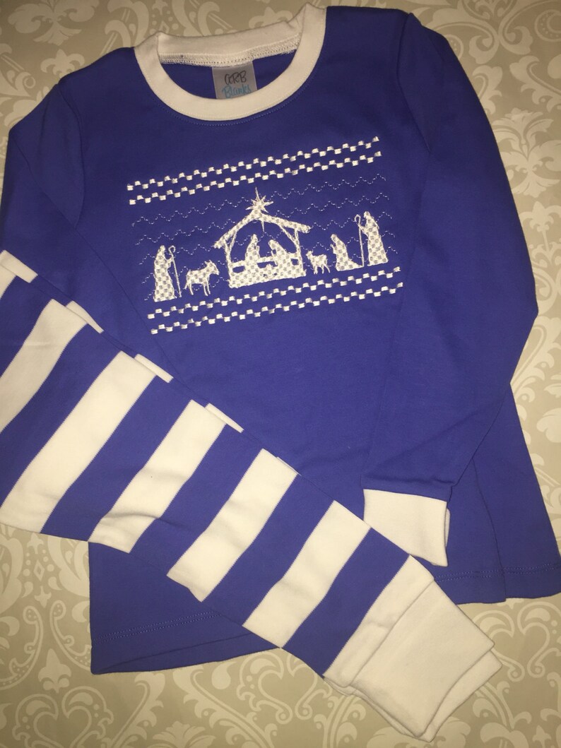 Christmas Holiday Pajamas With Faux Smocked Nativity Blue and Etsy