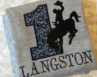 Bucking Bronco Birthday tee, Monogram bronco shirt, cowboy birthday tee, western birthday shirt, rodeo birthday shirt, bronco applique shirt