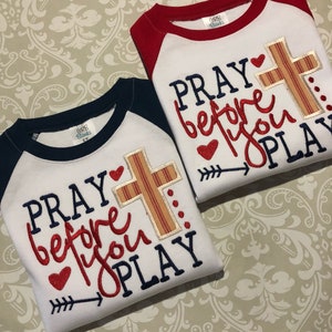 Pray before you play applique kids raglan tee, kids baseball raglan tee, softball raglan tee shirt, christian baseball raglan tee shirts
