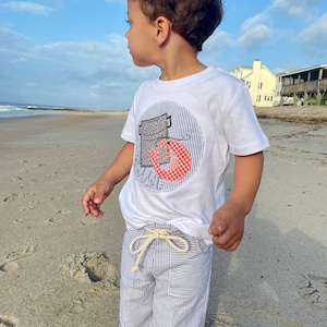 Shrimp boil monogram tee and seersucker clam digger pants for boys, beach picture apparel for boys, beach birthday for boys, Toddler boy
