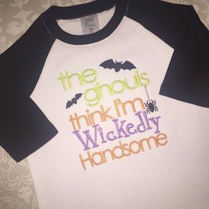 The ghouls think I'm wickedly handsome boys Halloween raglan tee shirt, boy Halloween shirt, Halloween raglans for toddler boys, halloween t image 1