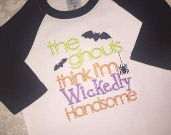 The ghouls think I'm wickedly handsome boys Halloween raglan tee shirt, boy Halloween shirt, Halloween raglans for toddler boys, halloween t