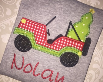 Boys Christmas tee shirt with jeep and Christmas tree applique monogrammed with name, boys Christmas apparel, boys monogram Christmas shirt