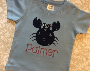 Crab applique tee shirt, monogram crab shirt, beach tees, crab shirts, monogram applique apparel