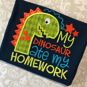 Meine Dinosaurier aß meine Hausaufgaben-Applikation-Schule-Shirt, jungen zurück zu Schule Hemden, Kita Hemden, Kindergarten-Hemden, junge Dino Schule Hemd