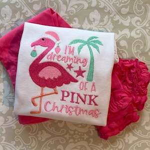 Flamingo Christmas outfit, I’m dreaming of a pink Christmas ruffle tee, Christmas pink flamingo ruffle shirt with pink icing ruffle leggings