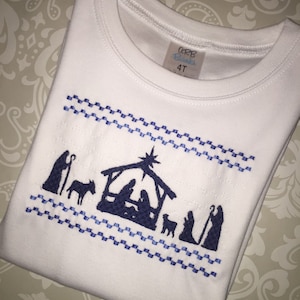 Nativity faux smocked embroidery design tee shirt for boys and toddler christmas apparel, Boys Christmas shirt, Christian Christmas shirt