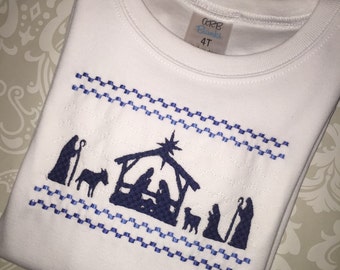 男の子と幼児のクリスマスアパレル用のキリスト降誕のフェイクスモック刺繍デザインTシャツ、男の子のクリスマスシャツ、クリスチャンのクリスマスシャツ