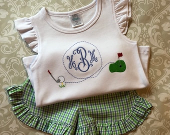 Girls golf monogram shorts set, girls golf birthday outfit, toddler girl golf tee, monogrammed golf tee for girls, golfing monogram for girl