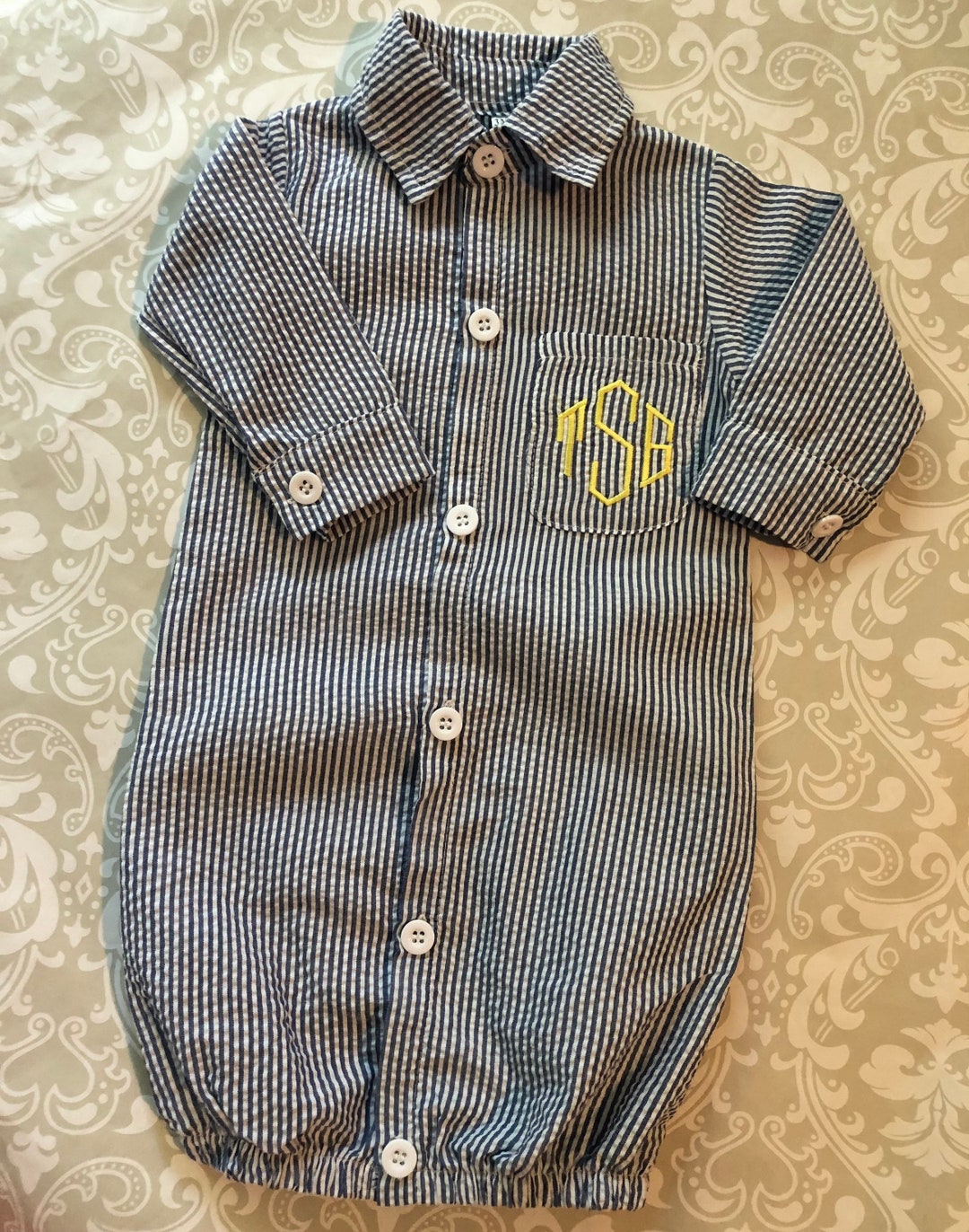 Monogram Seersucker Gown for Baby Boy, Collared Button Down Seersucker