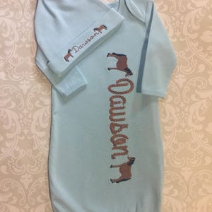 Horse monogram baby gown and hat set, going home infant gown,baby shower gift, personalized baby gown