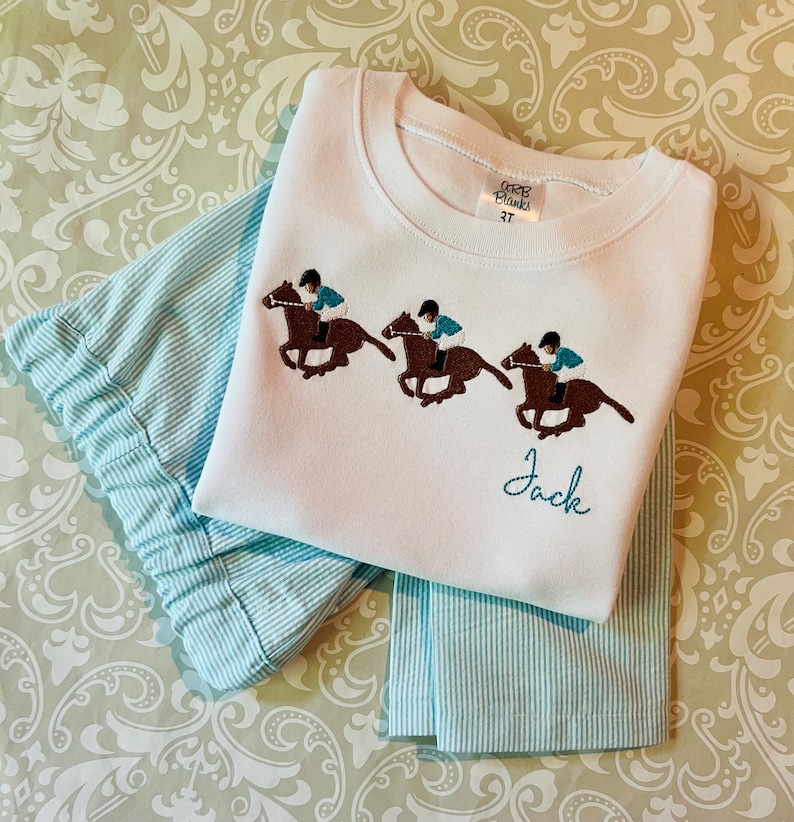traje de carreras de caballos monograma para niños, camiseta de derby de caballos, traje de cumpleaños de carrera de caballos, traje monograma de jinete de caballos para niño pequeño, camisa de caballo imagen 2