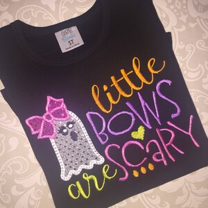 Little bows are scary glitter ghost applique ruffle tee shirt, ghost applique for girls, sparkle applique ghost, black Halloween girls shirt