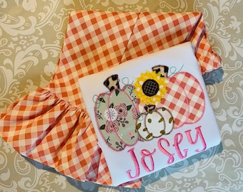 Monogram pumpkin applique fall outfit, pumpkin trio applique ruffle tee and pants, monogram fall outfit for toddler girls, monogram fall set
