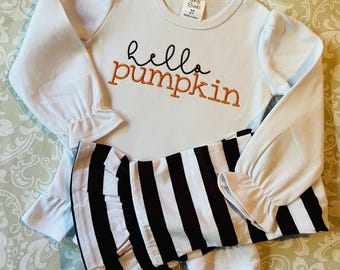 Hello Pumpkin Embroidered Fall outfit for girls, Pumpkin ruffle tee, ruffle pants outfit, Thanksgiving outfit, toddler girl thanksgiving set