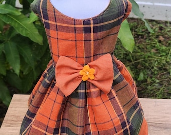 Plaid Dog Dress, Cotton Fall Outfit with Matching Bow and Flower