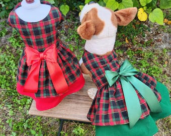 Plaid Christmas Dog Dress – Handmade Tartan Holiday Outfit with Bow