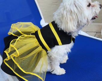Bee Costume for Small Dogs, Yellow Tulle Halloween Dress, Bumblebee Puppy Outfit with Leash Ring