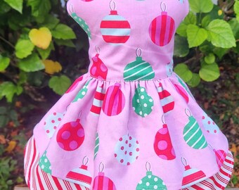 Pink Christmas Dog Dress – Handmade Ornament Print Cotton Holiday Outfit