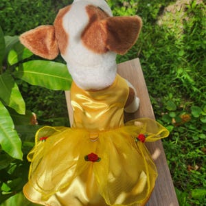 Belle Princess Dog Dress. Yellow Satin  Tulle Pet Costume with Roses | Dog Birthday Outfit | Halloween & Special Occasion Pet Clothes