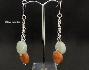 Smoky Adventure Earrings, Gemstone Earrings, Aventurine Earrings, Peach Aventurine, Green Aventurine, Sterling Silver, Swinging Earrings