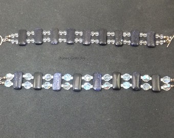 Blue Flash Bracelet, Blue Sparkle Bracelet, Blue Goldstone, Quartz Crystal, Sterling Silver Beads and Clasp, Fire Polished Glass