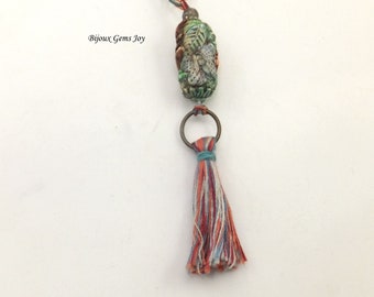 Polymer Clay Pendant, Ceramic Necklace, Antique Bronze Chain, Nature Pendant, Flower Pendant, Wild Nature, Cotton Tassel, Tassel Necklace