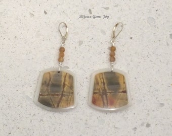 Intarsia Earrings, Picasso Jasper & White Jade Intarsia, Pink/Brown Moonstone, Sterling Silver