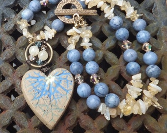 Star Land Necklace, Stoneware, Sponge Coral, Citrine, Swarovski Crystals, Antiqued Bronze