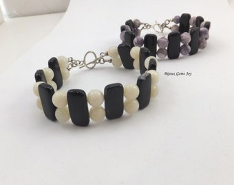 Contrasts Bracelet, Black and White Bracelet, Purple and Black Bracelet, Onyx Bracelet, Onyx, Moonstone, Suglite, Sterling Silver Clasp