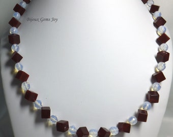 Ruby Cubism Necklace, Carnelian Cubes, Opalite, 14Kt Gold Filled Clasp and Chain