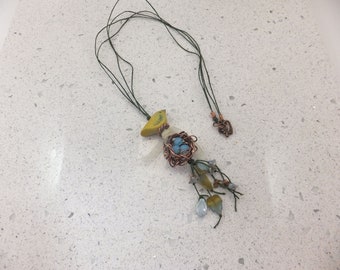 Mama Bird Pendant, Polymer Clay, Glass Beads, Copper