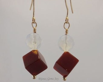 Ruby Cubism Earrings, Carnelian Cubes, Opalite, 14Kt Gold Filled Wires and Beads