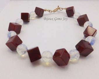 Ruby Cubism Bracelet, Carnelian Cubes, Opalite, 14Kt Gold Filled Clasp