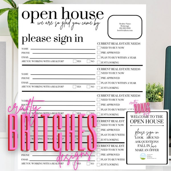 Open House Sign In Sheet for Real Estate Agents + Bonus Welcome sign!