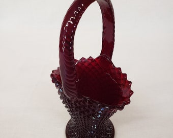 Vtg Ruby Red Westmoreland Glass Basket &quot;Spooner Vase&quot; Held/Carried Spoons Tea Time Pressed English Hobnail Diamond Pattern C.1950&#39;s Gift