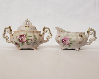 Mid-century Lefton Mini China Cream & Sugar Set Hand Painted Flowers w/ Gold Trim Victorian Tea/Coffee Setting Home/Kitchen Decor