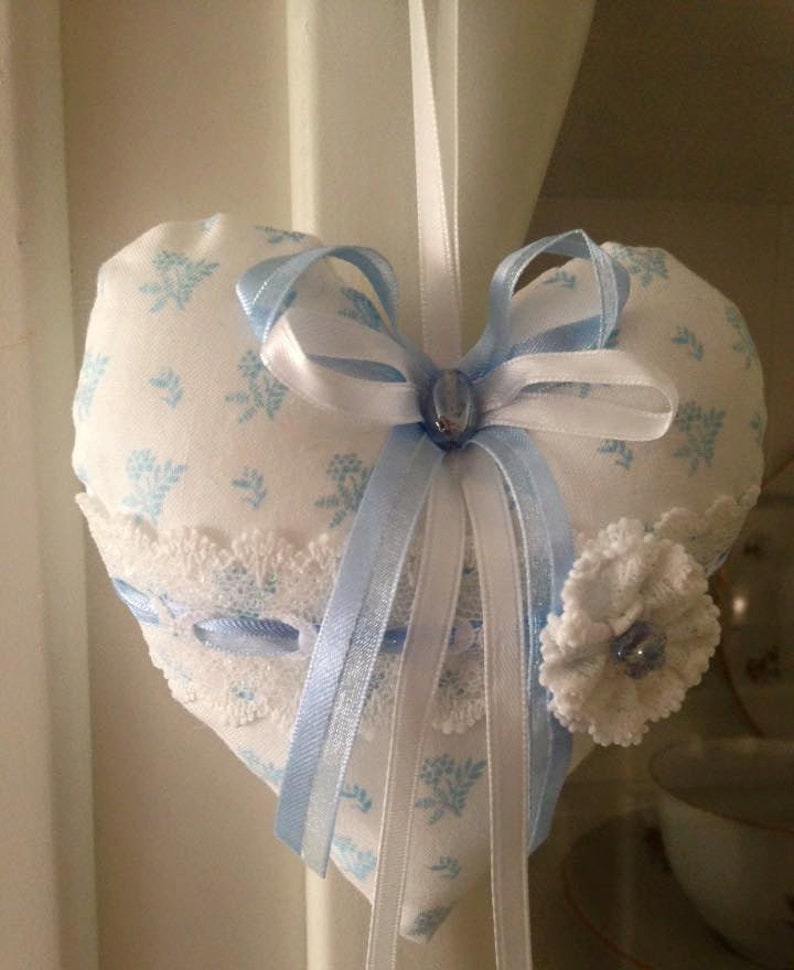 Handmade Gift Door Hanger Pale Blue and White Fabric Hanging Heart Mothers Day Birthday Country Chic Home Decor