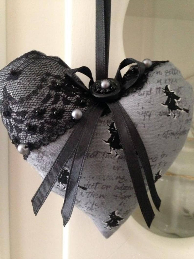 Hanger Halloween Decor Country Chic Fabric Hanging Heart Grey and Black Handmade Halloween Home Decor,